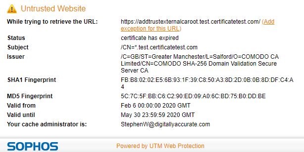 Screenshot of Sophos UTM reporting untrusted Website, Certificate has expired